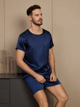[Dark Blue] SilkSilky Pure Silk Short Sleeve Round Neck Men's Pajamas 004