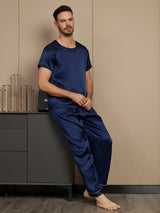 [Dark Blue] SilkSilky Pure Silk Short Sleeve Round Neck Men's Pajamas 005