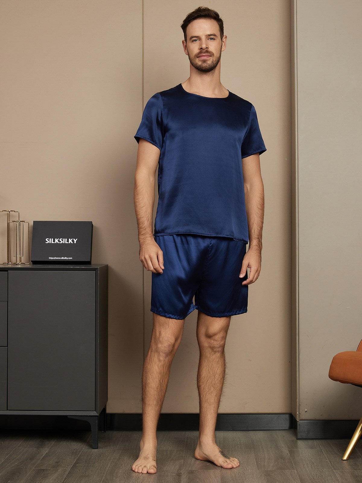 [Dark Blue] SilkSilky Pure Silk Short Sleeve Round Neck Men's Pajamas 005