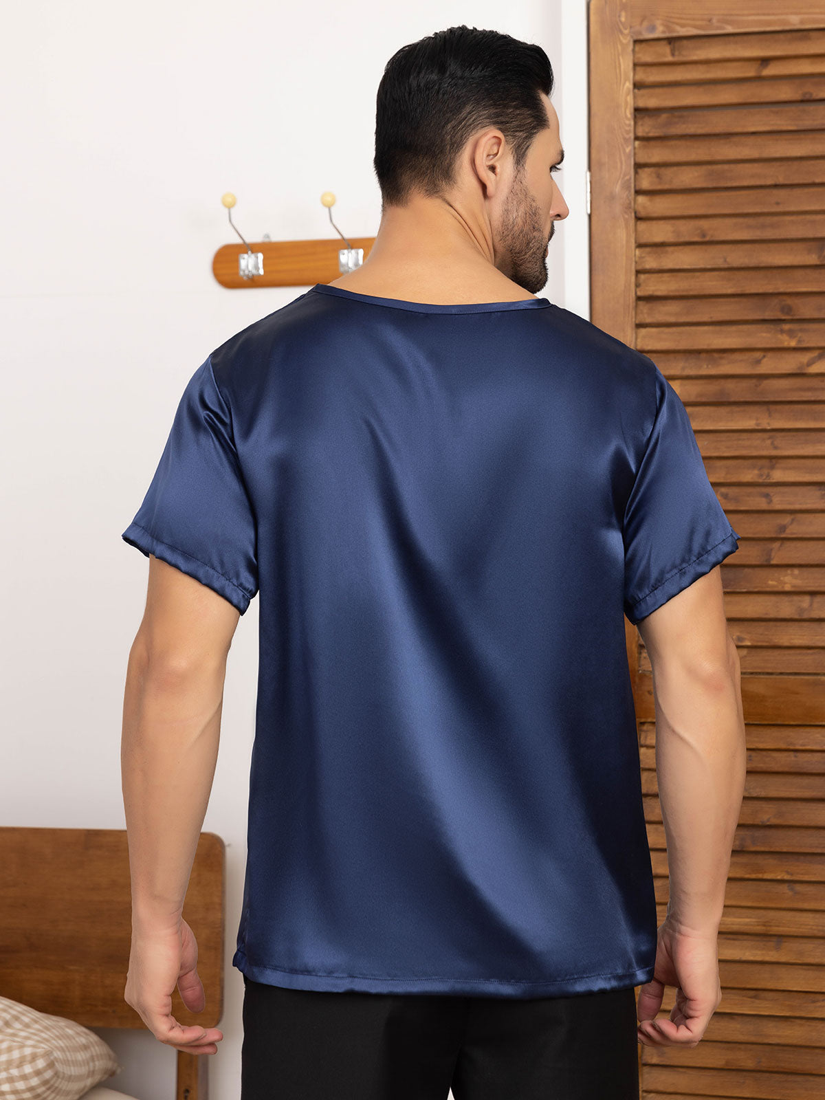 [Dark Blue] SilkSilky Pure Silk Short Sleeve Round Neck Men's T-Shirt 002