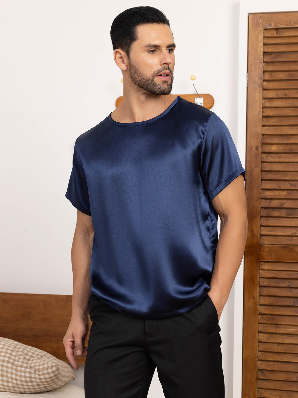 [Dark Blue] SilkSilky Pure Silk Short Sleeve Round Neck Men's T-Shirt 006