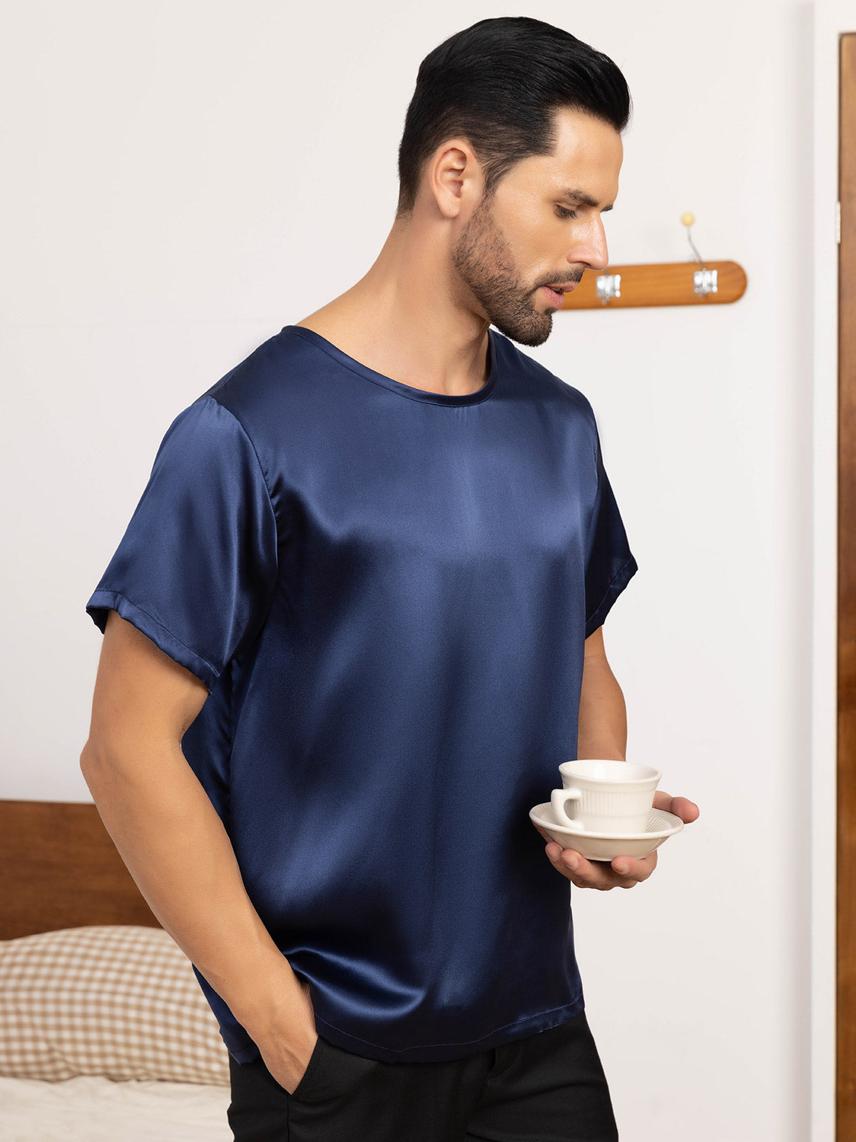 [Dark Blue] SilkSilky Pure Silk Short Sleeve Round Neck Men's T-Shirt 007