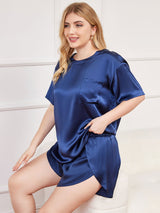 [Dark Blue] SilkSilky Pure Silk Short Sleeve Round Neck Plus Size Pajamas 004