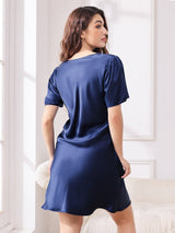 [Dark Blue] SilkSilky  Short Sleeve V Neck Nightgown 002