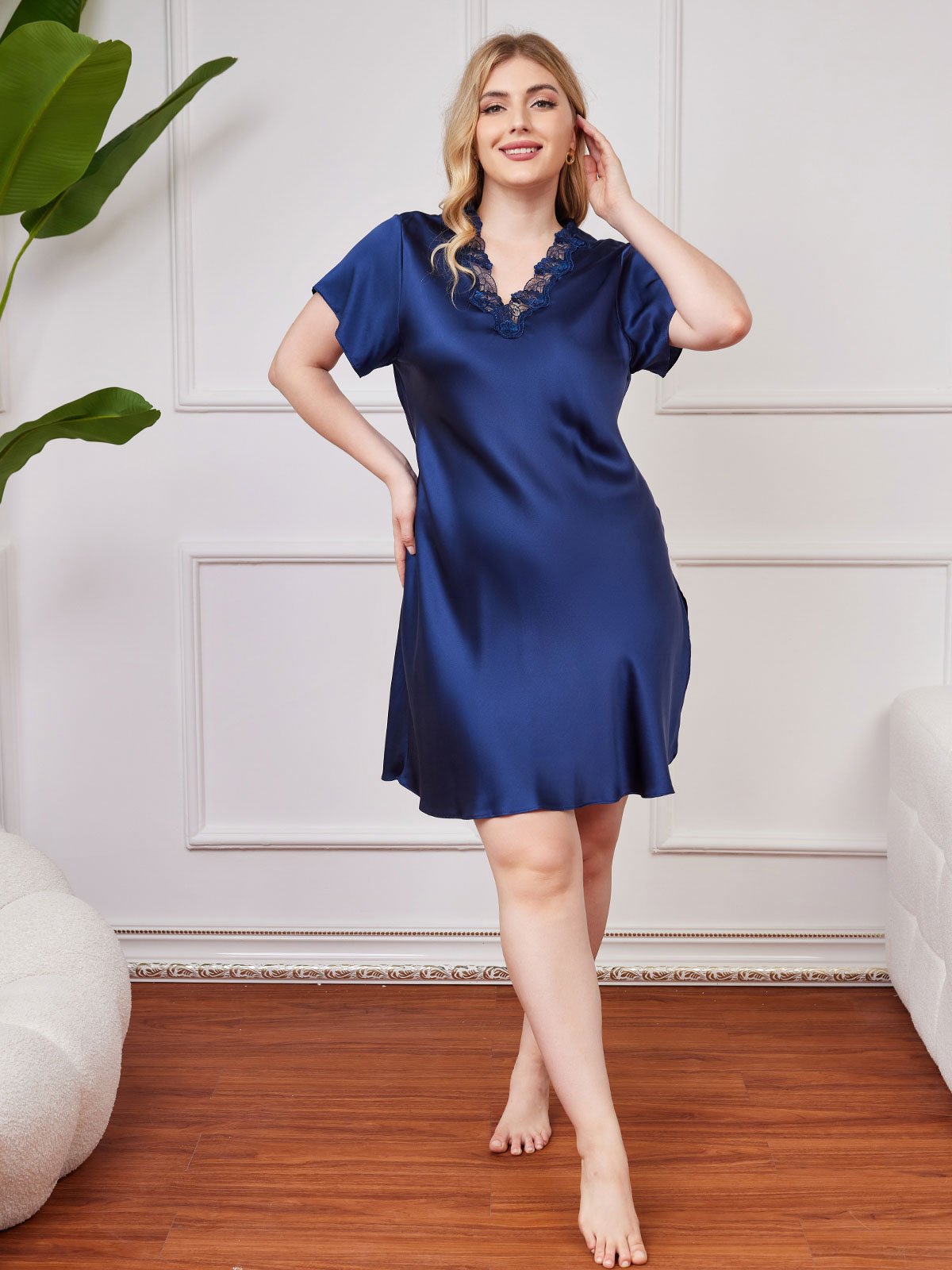 [Dark Blue] SilkSilky Pure Silk Short Sleeve V Neck Plus Size Nightgown 004