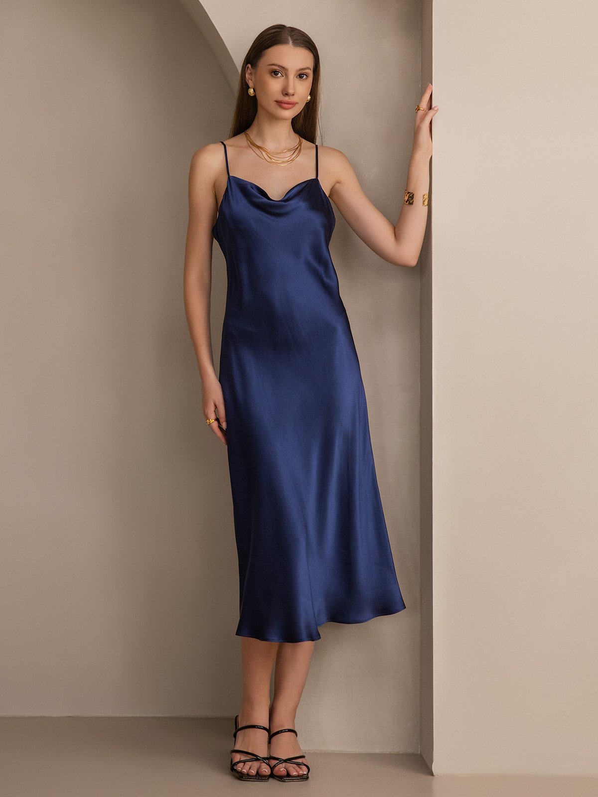 [Dark Blue] SilkSilky Pure Silk Sleeveless Cowl Neck Dress 001