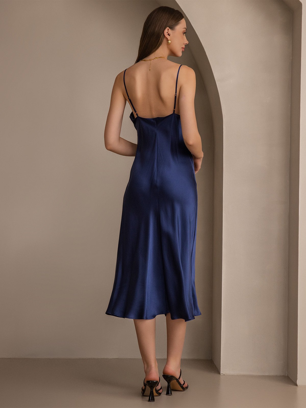 [Dark Blue] SilkSilky Pure Silk Sleeveless Cowl Neck Dress 002