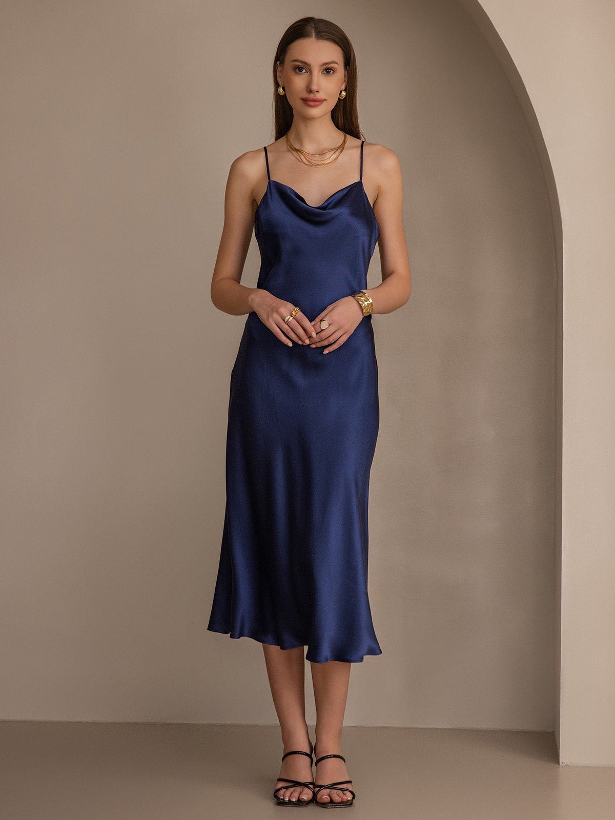 [Dark Blue] SilkSilky Pure Silk Sleeveless Cowl Neck Dress 004