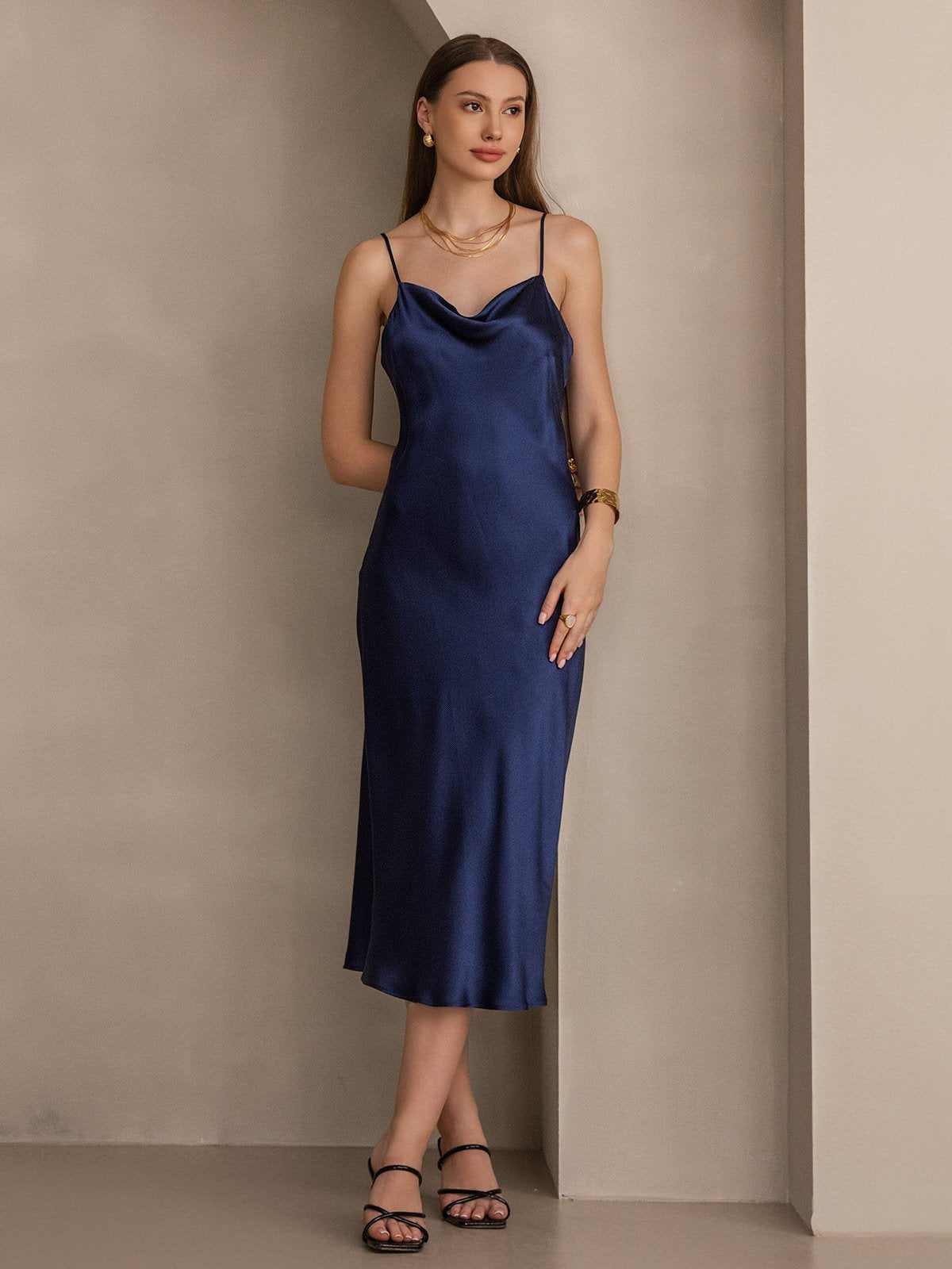 [Dark Blue] SilkSilky Pure Silk Sleeveless Cowl Neck Dress 006