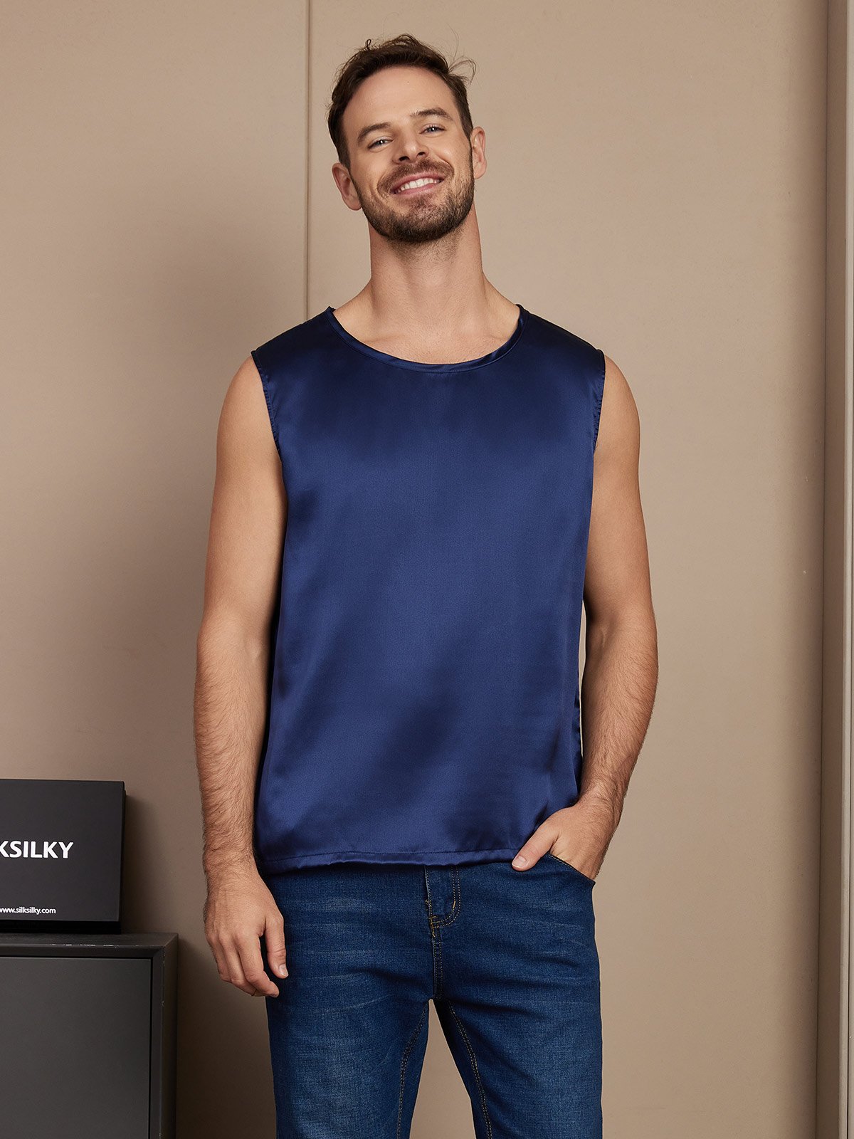 [Dark Blue] SilkSilky Pure Silk Sleeveless Mens T-Shirt 001