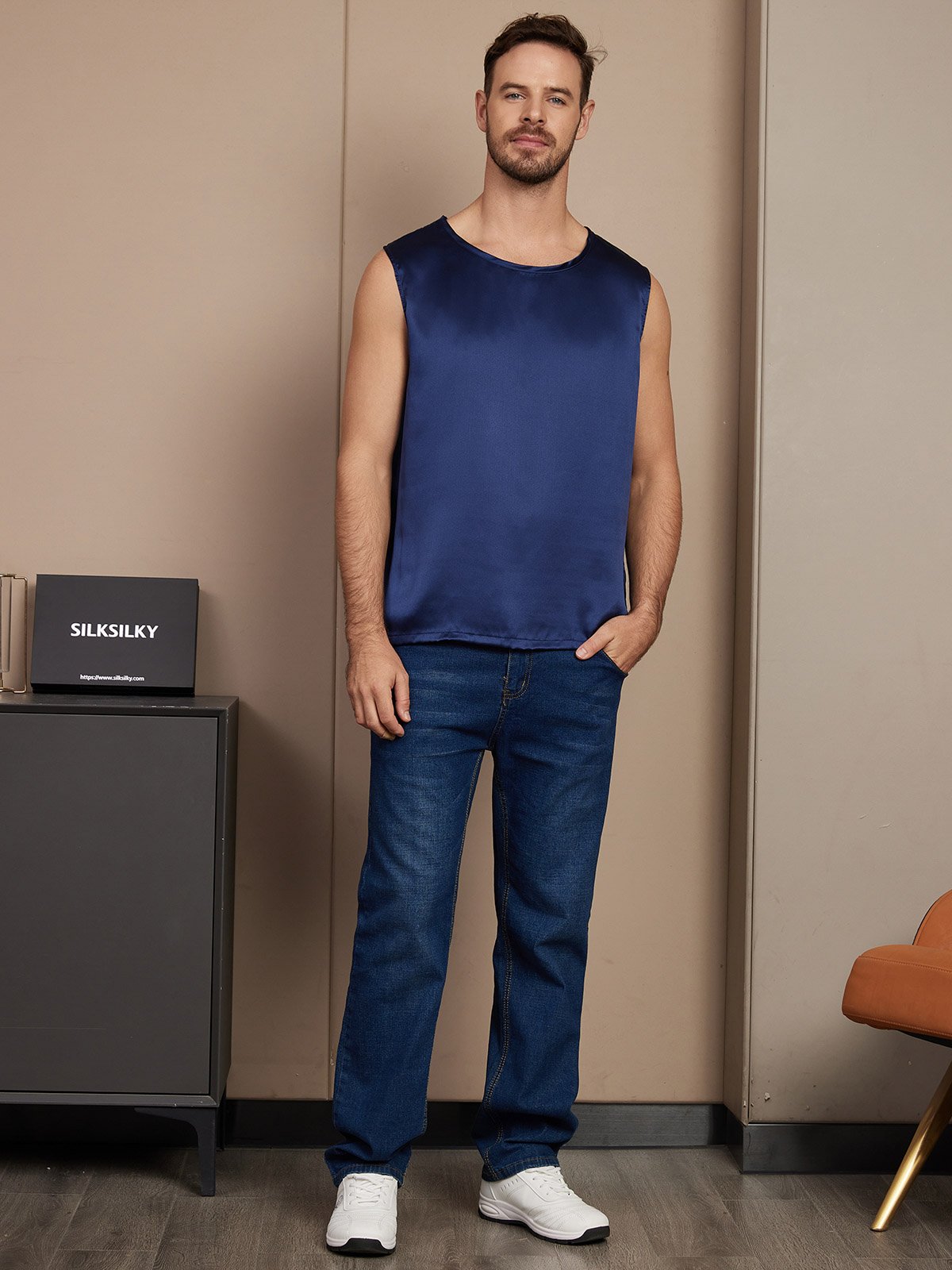 [Dark Blue] SilkSilky Pure Silk Sleeveless Mens T-Shirt 003