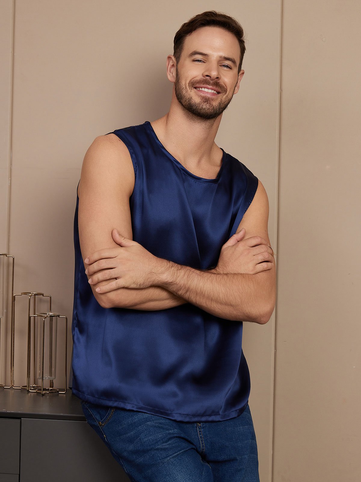 [Dark Blue] SilkSilky Pure Silk Sleeveless Mens T-Shirt 005