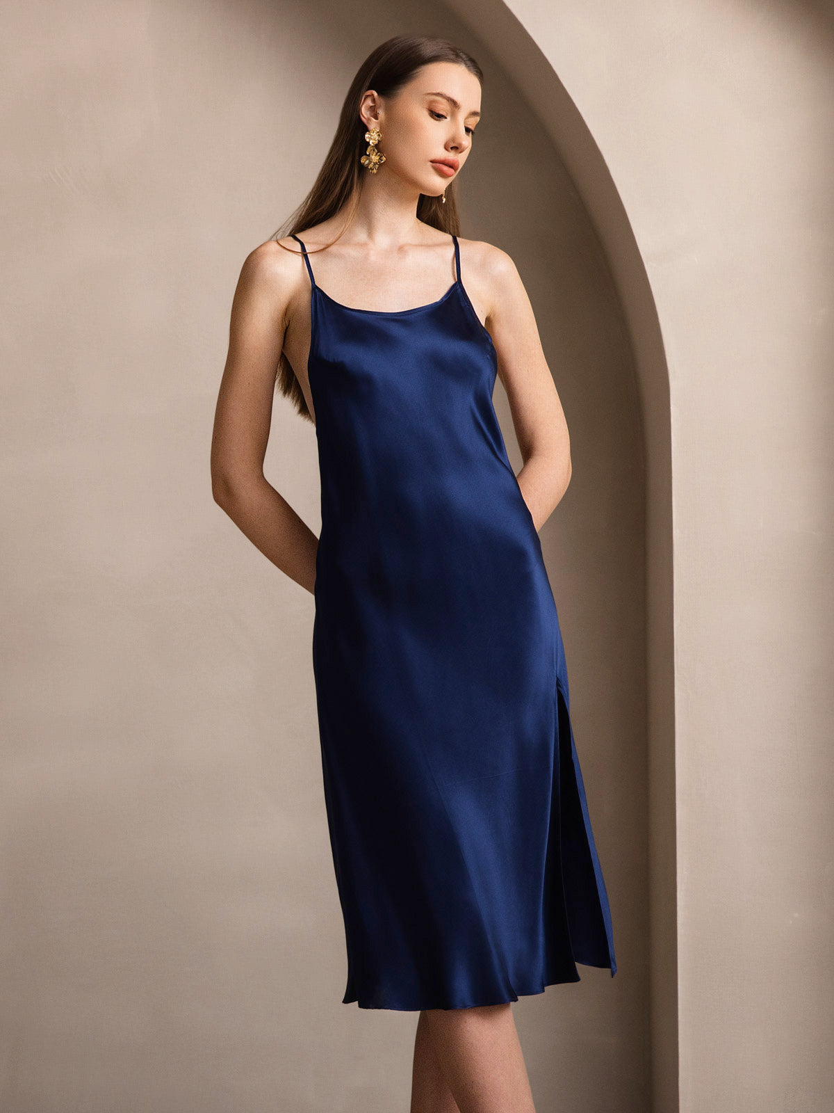 [Dark Blue] SilkSilky Pure Silk Sleeveless Round Neck Dress 001