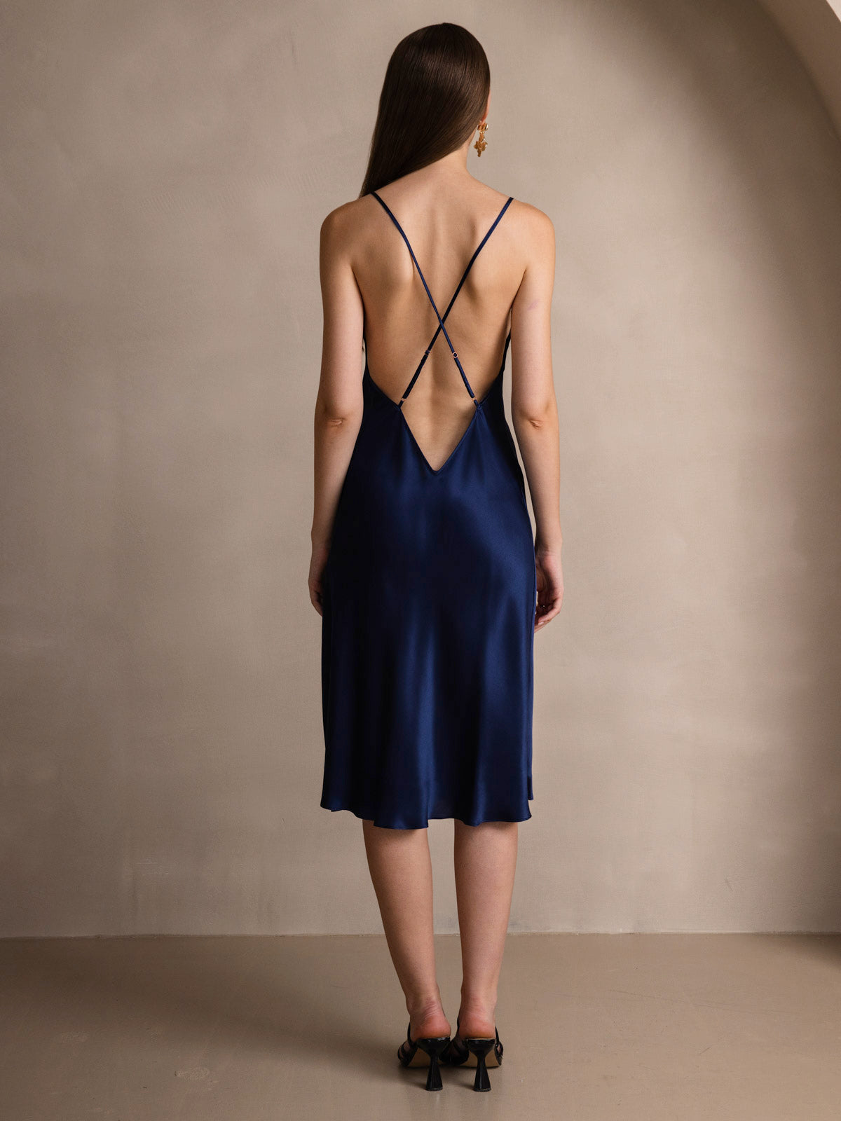 [Dark Blue] SilkSilky Pure Silk Sleeveless Round Neck Dress 002