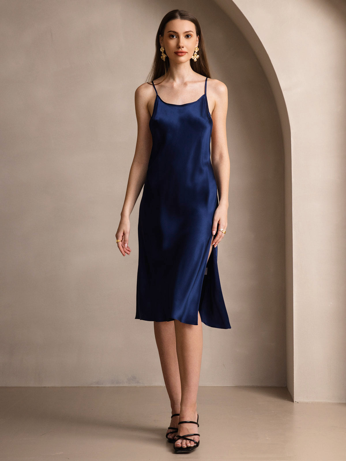 [Dark Blue] SilkSilky Pure Silk Sleeveless Round Neck Dress 003