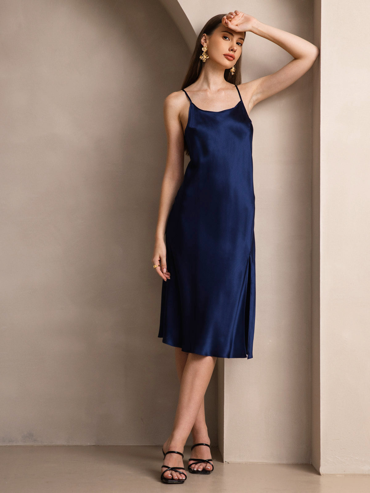 [Dark Blue] SilkSilky Pure Silk Sleeveless Round Neck Dress 006