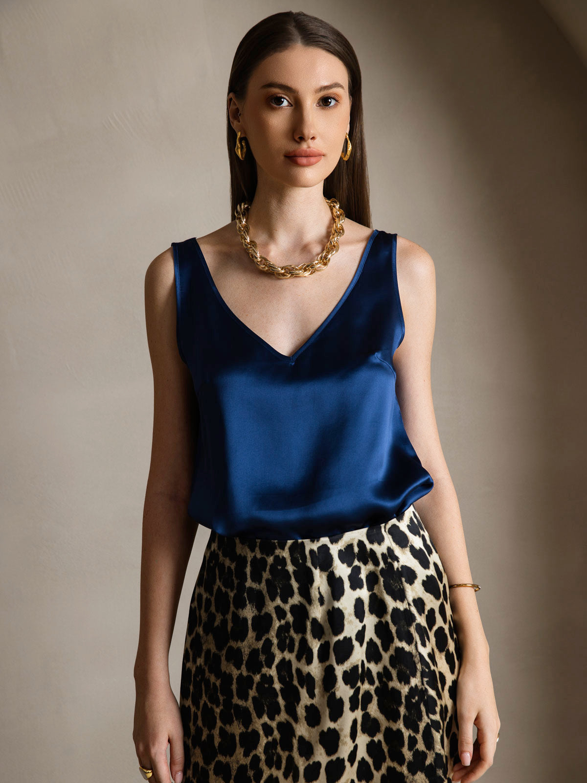 [Dark Blue] SilkSilky Pure Silk Sleeveless V Neck Camisole Top 003