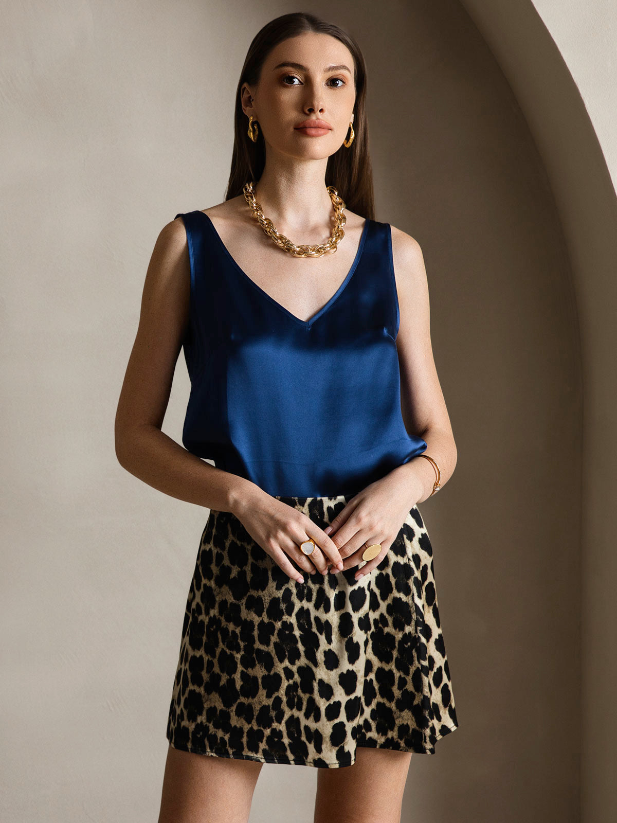 [Dark Blue] SilkSilky Pure Silk Sleeveless V Neck Camisole Top 005