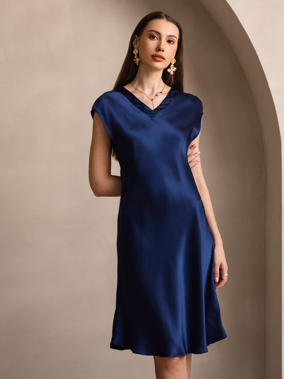 SilkSilky 100% Mulberry Silk Cap Sleeve V Neck Knee Dress, Dark Blue / XL(14)