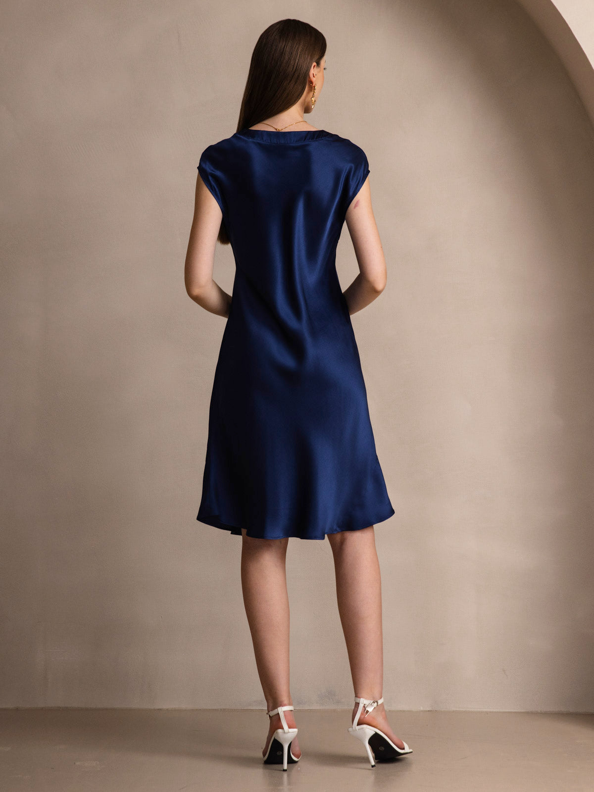 [Dark Blue] SilkSilky Pure Silk Sleeveless V Neck Dress 002