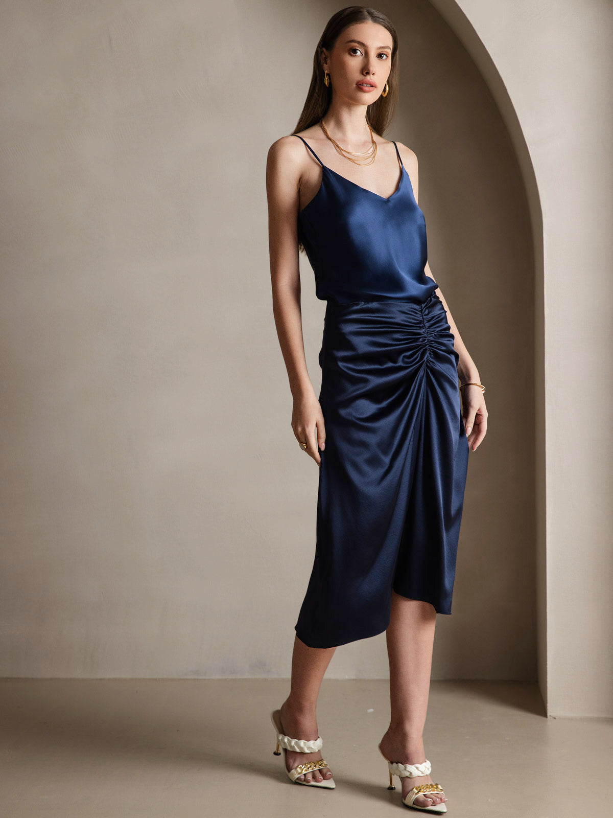 [Dark Blue] SilkSilky  Pure Silk V Neck Camisole Top 005