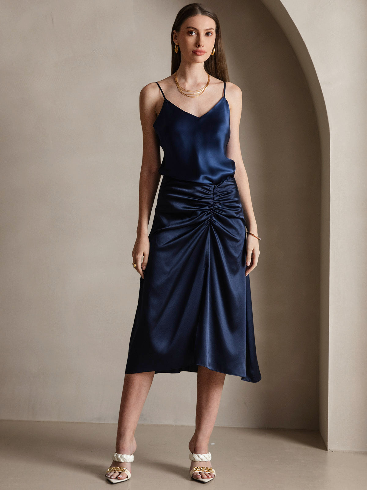 [Dark Blue] SilkSilky  Pure Silk V Neck Camisole Top 006