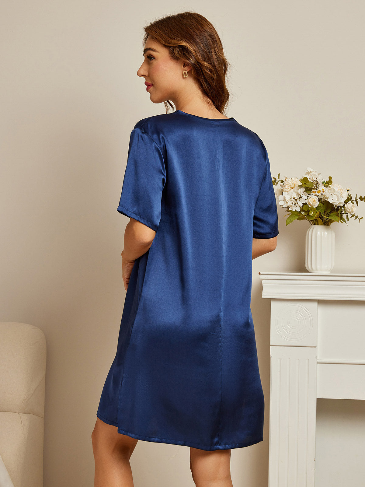 [Dark Blue] SilkSilky  Pure Silk V Neck Nightgown 002