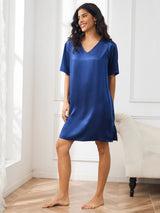 [Dark Blue] SilkSilky  Half Sleeve V Neck Nightgown 004