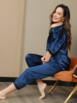 [Dark Blue] SilkSilky  Short Sleeve Notch Collar Women's Pajamas 006