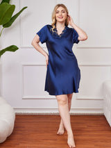 [Dark Blue] SilkSilky  Short Sleeve V Neck Plus Size Nightgown 004