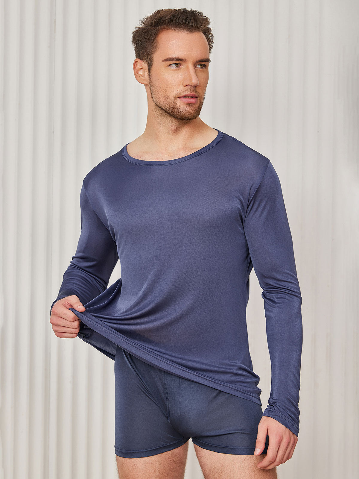 [Dark Blue] SilkSilky Silk Knitted Long Sleeve Round Neck Men's T-Shirt 001