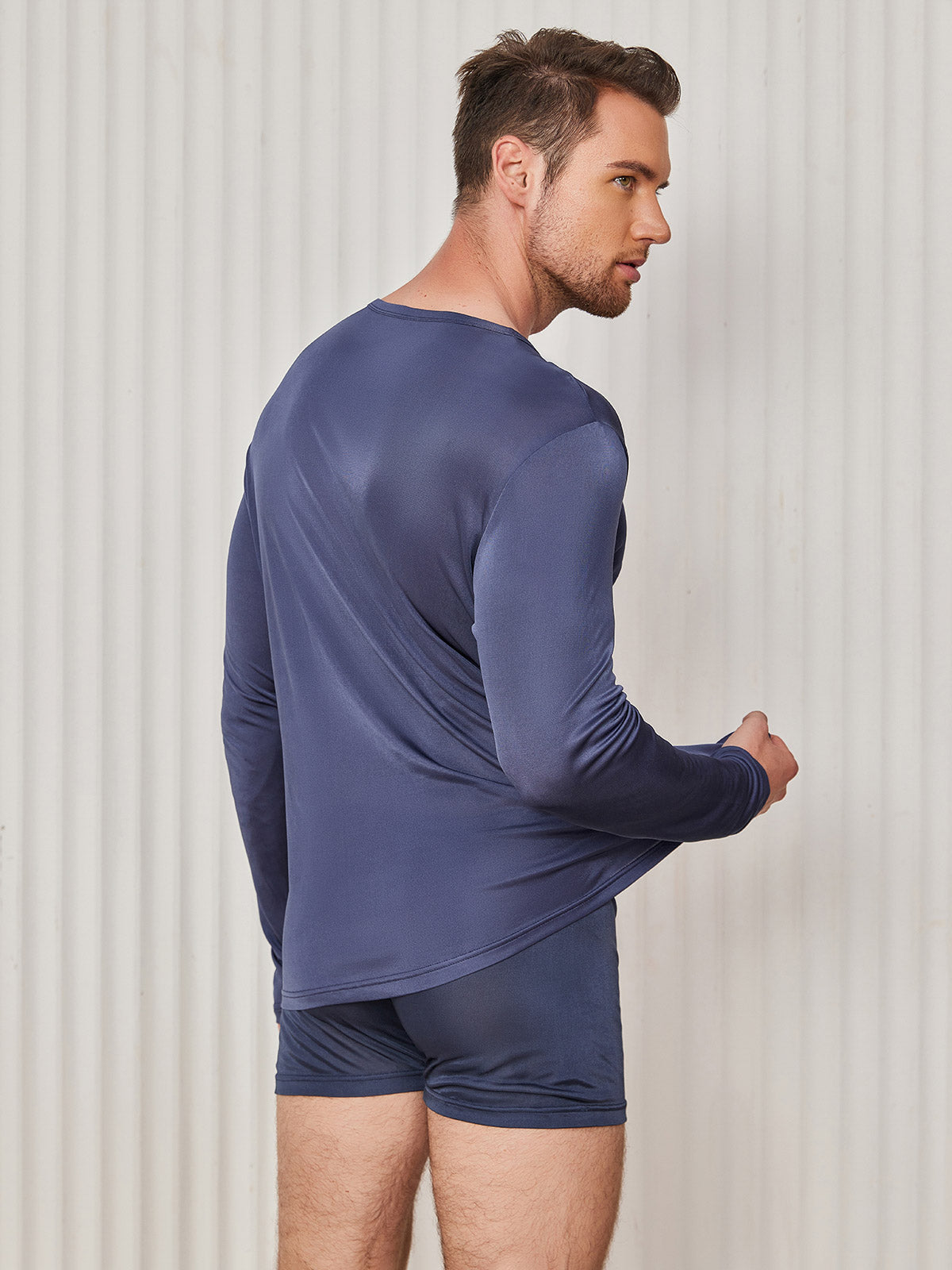 [Dark Blue] SilkSilky Silk Knitted Long Sleeve Round Neck Men's T-Shirt 002