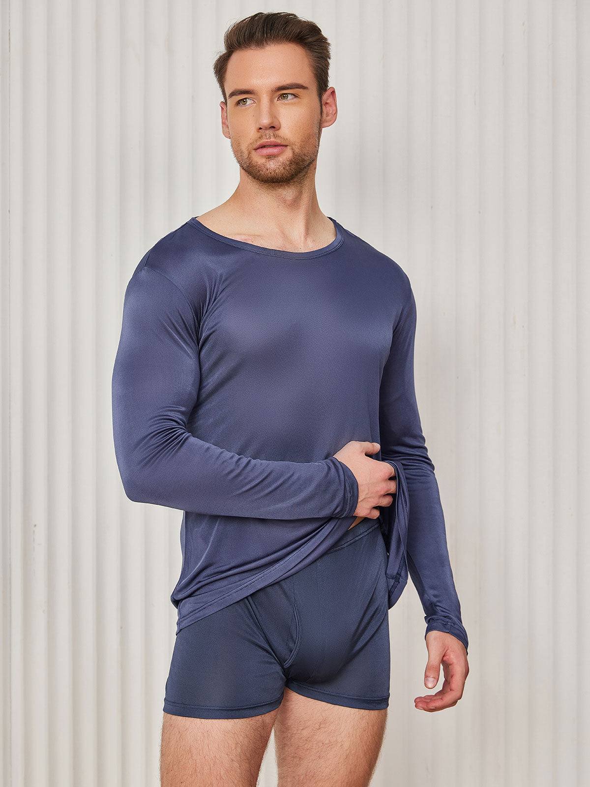[Dark Blue] SilkSilky Silk Knitted Long Sleeve Round Neck Men's T-Shirt 003