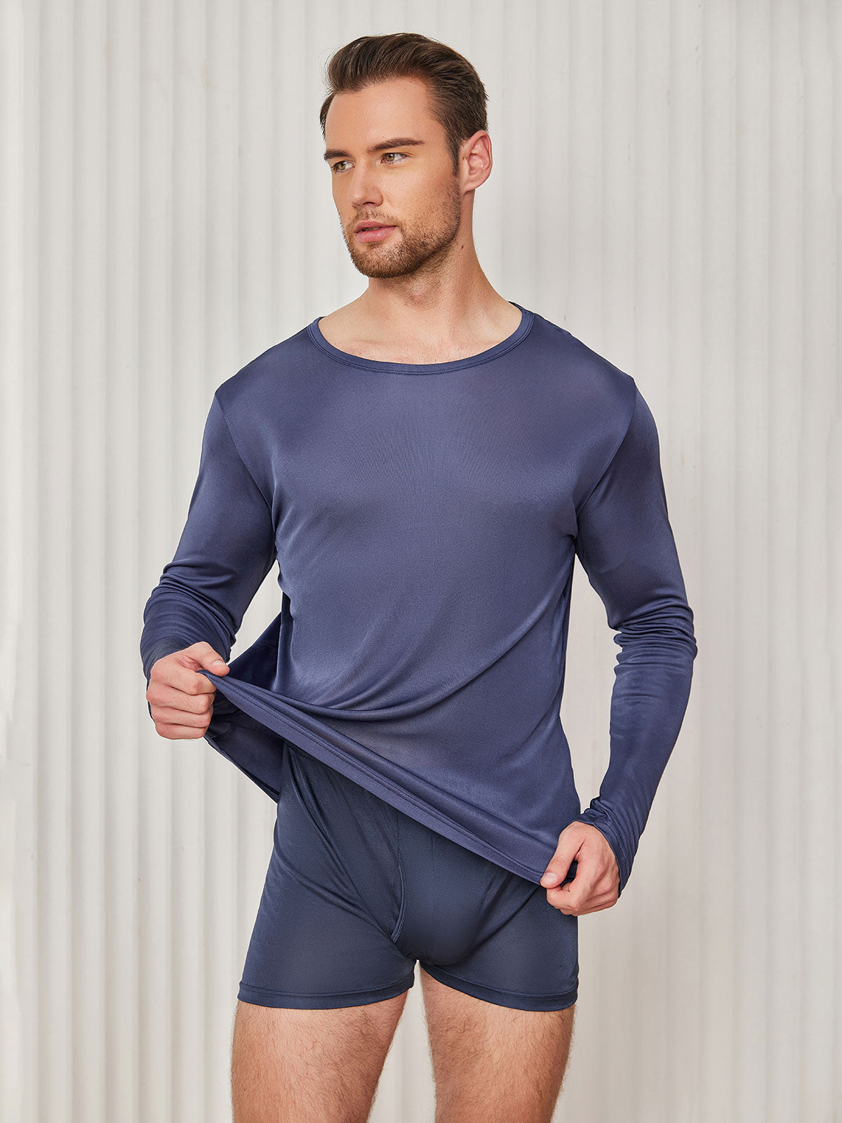 [Dark Blue] SilkSilky Silk Knitted Long Sleeve Round Neck Men's T-Shirt 004