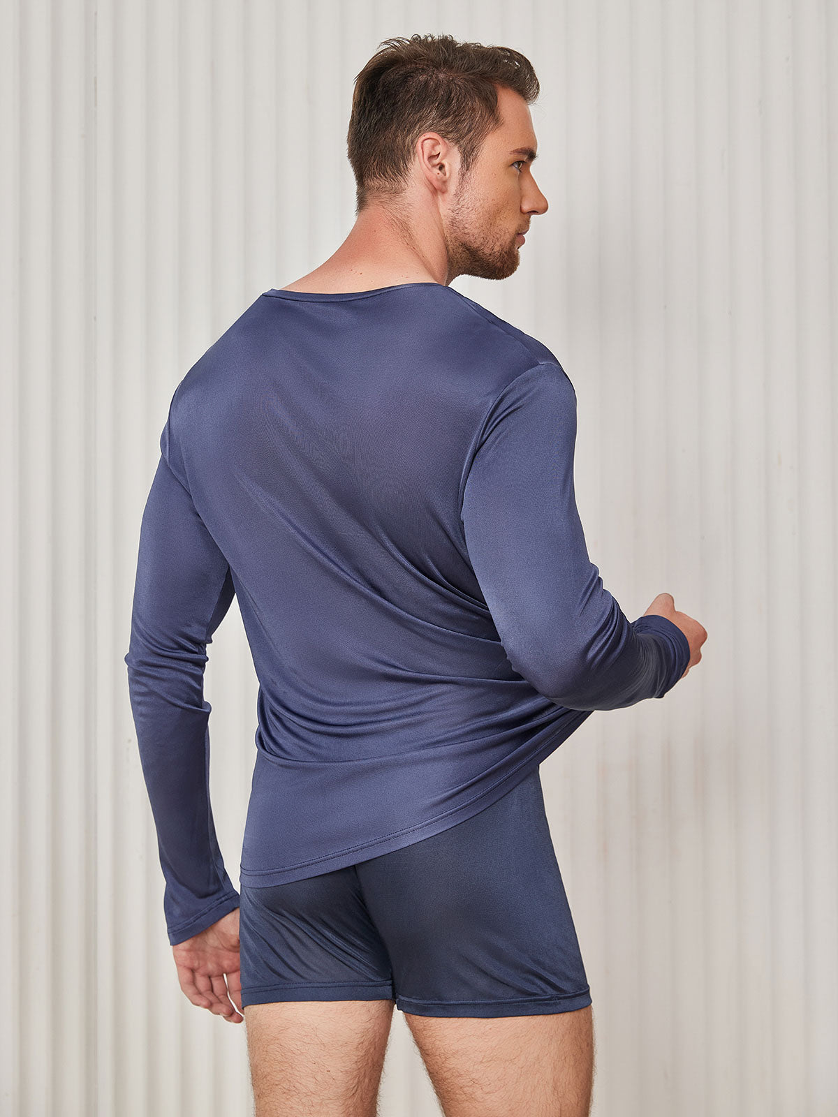 [Dark Blue] SilkSilky Silk Knitted Long Sleeve V Neck Men's T-Shirt 002