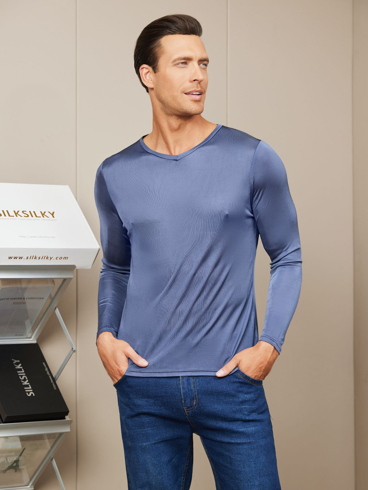[Dark Blue] SilkSilky Silk Knitted Long Sleeve V Neck Men's T-Shirt 002