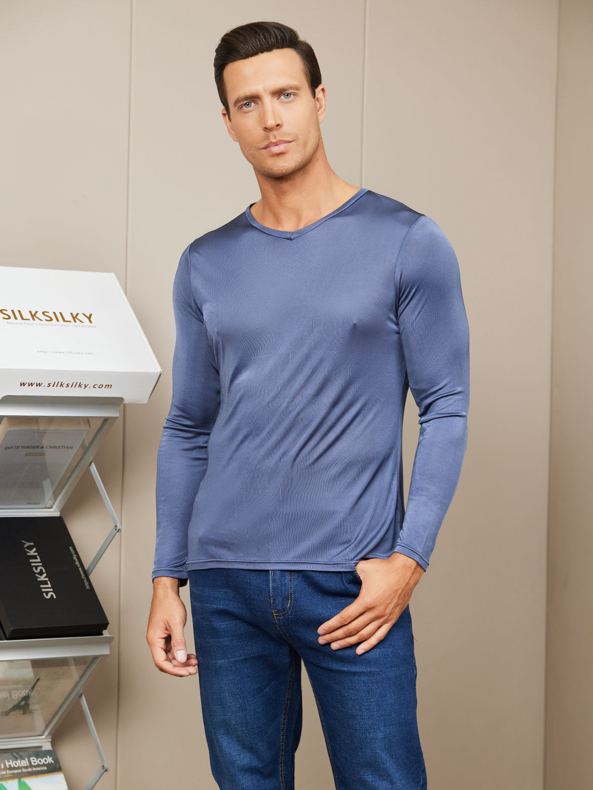 [Dark Blue] SilkSilky Silk Knitted Long Sleeve V Neck Men's T-Shirt 003