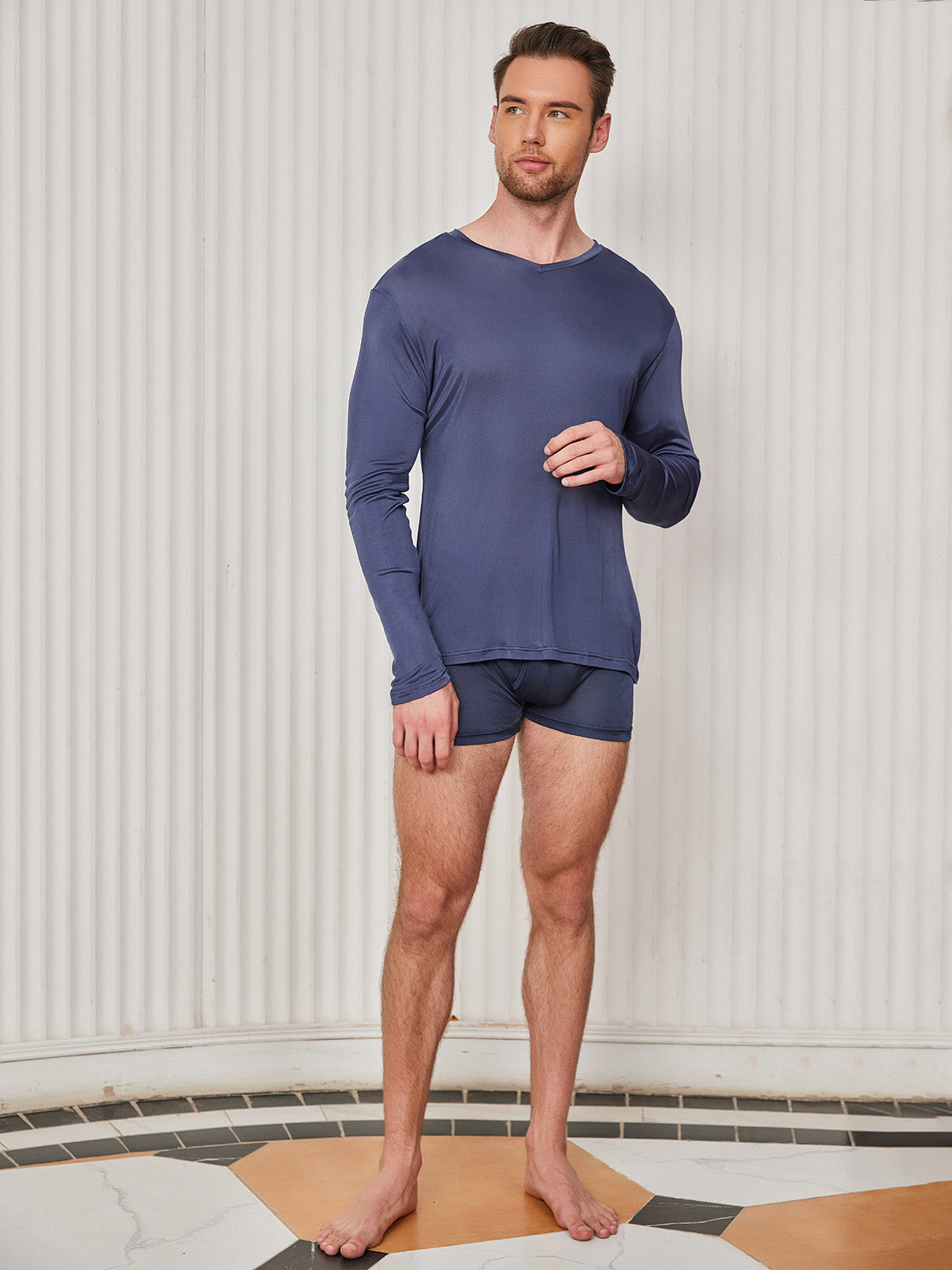 [Dark Blue] SilkSilky Silk Knitted Long Sleeve V Neck Men's T-Shirt 005