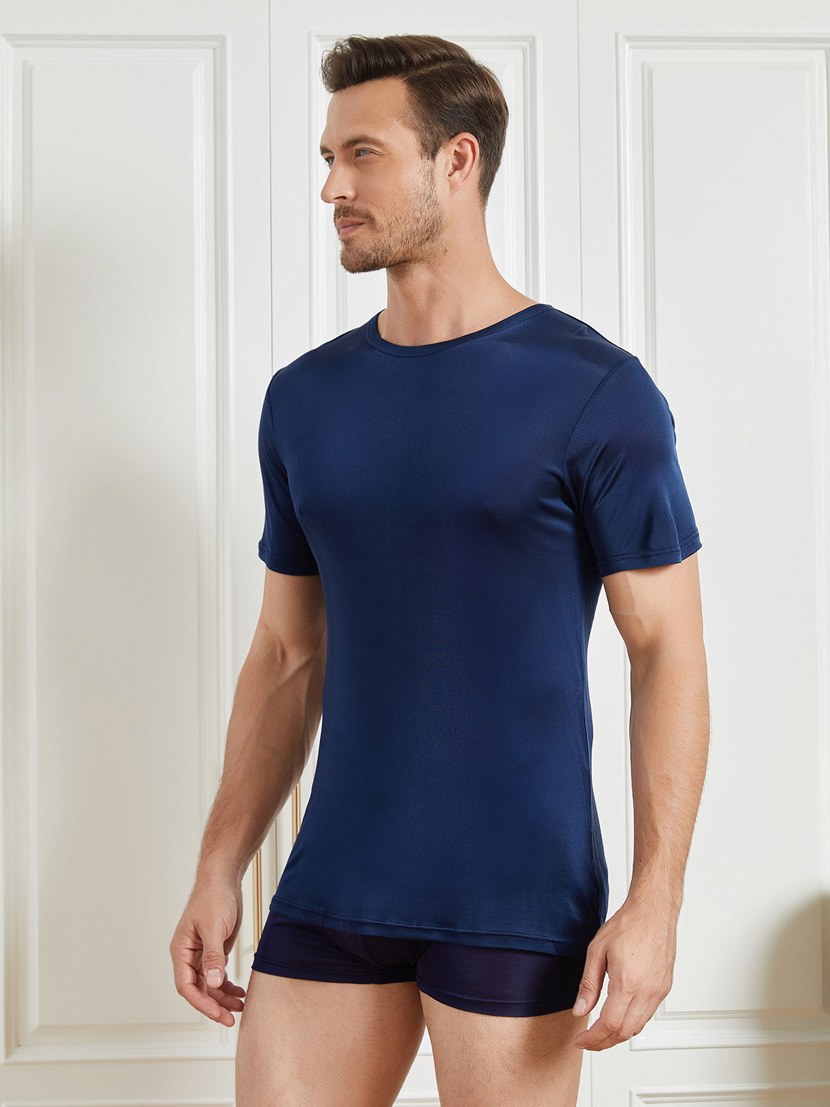 [Dark Blue] SilkSilky Silk Knitted Short Sleeve Round Neck Men's T-Shirt 003