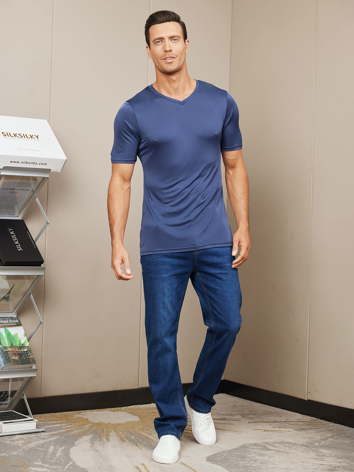 [Dark Blue] SilkSilky Silk Knitted Short Sleeve V Neck Men's T-Shirt 005