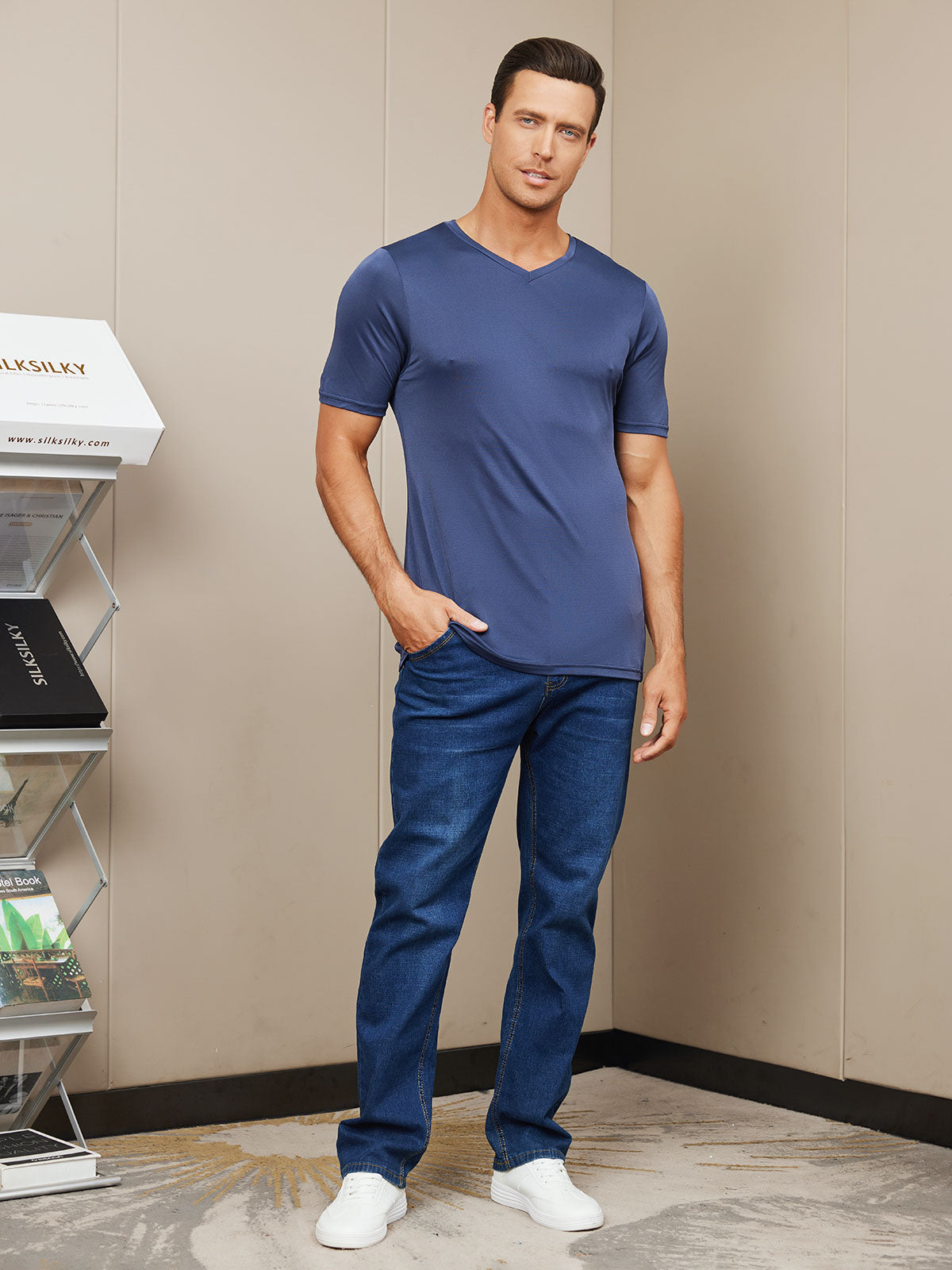 [Dark Blue] SilkSilky Silk Knitted Short Sleeve V Neck Men's T-Shirt 006