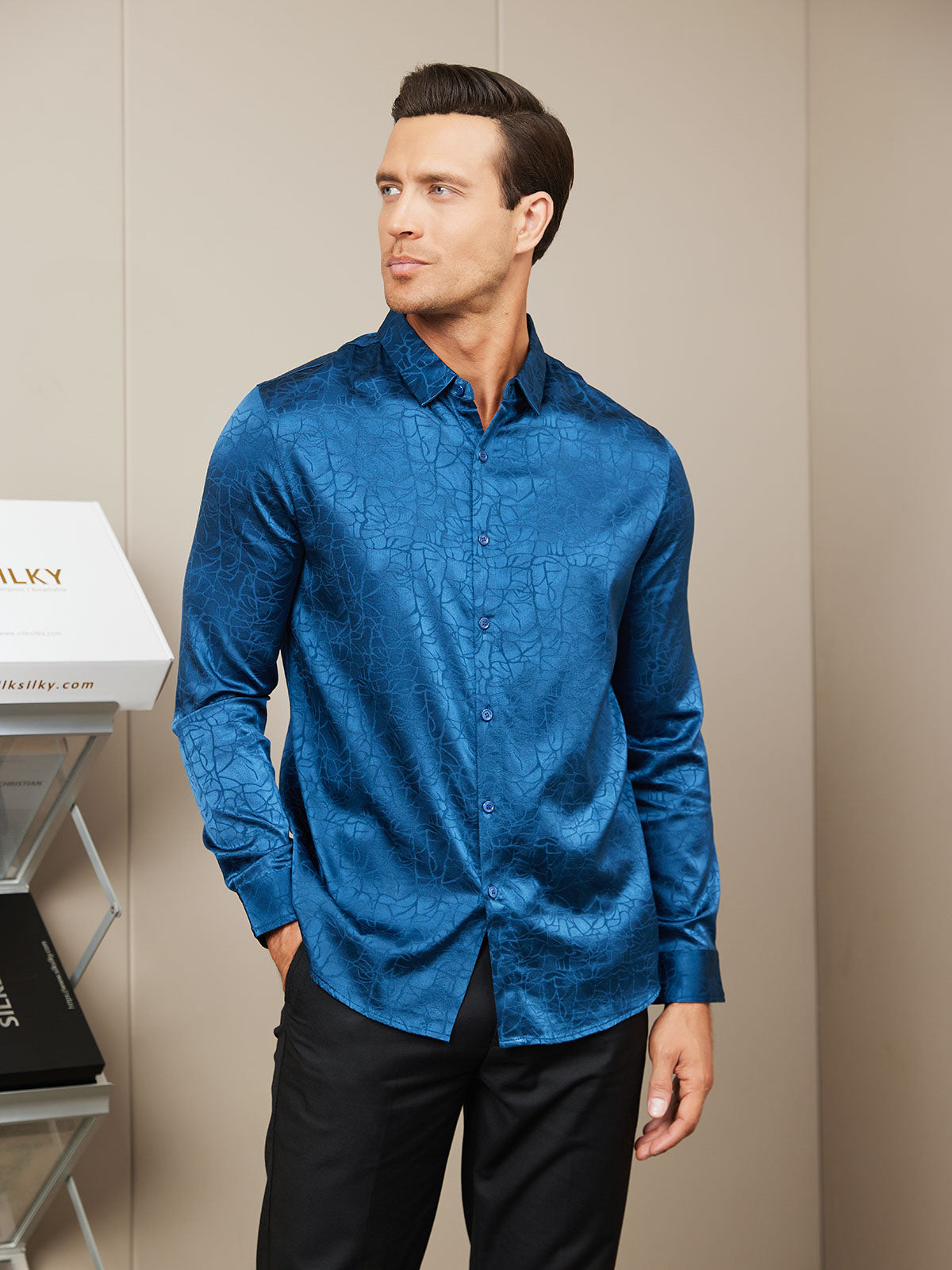 [Dark Blue] SilkSilky Silk Long Sleeve Collar Men's Shirt 002