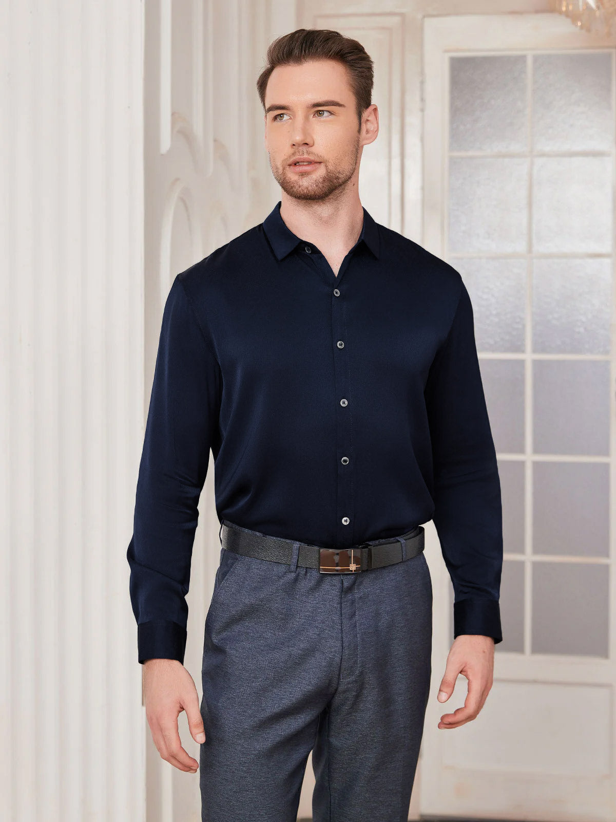 [Dark Blue] SilkSilky Silk Long Sleeve Collar Men's Shirt 003