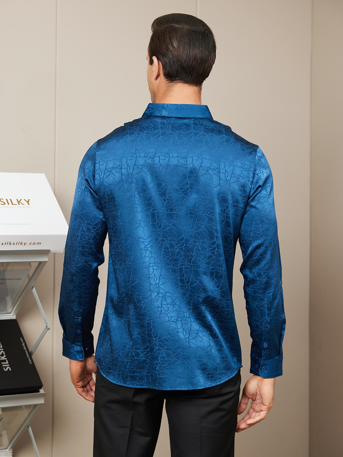 [Dark Blue] SilkSilky Silk Long Sleeve Collar Men's Shirt 003