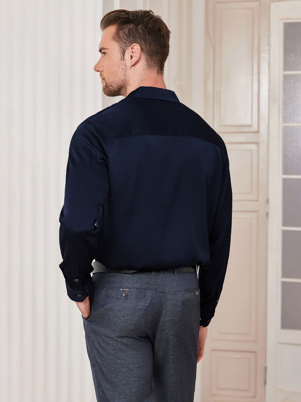 [Dark Blue] SilkSilky Silk Long Sleeve Collar Men's Shirt 004