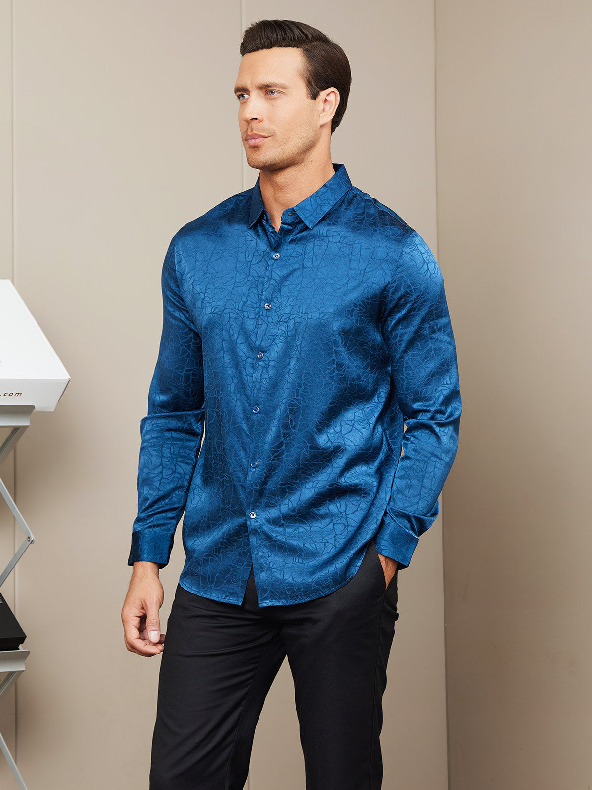 [Dark Blue] SilkSilky Silk Long Sleeve Collar Men's Shirt 004