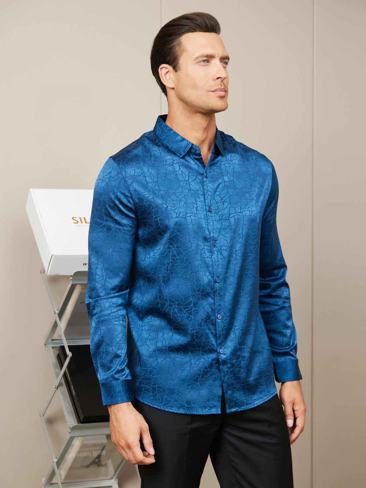 [Dark Blue] SilkSilky Silk Long Sleeve Collar Men's Shirt 005