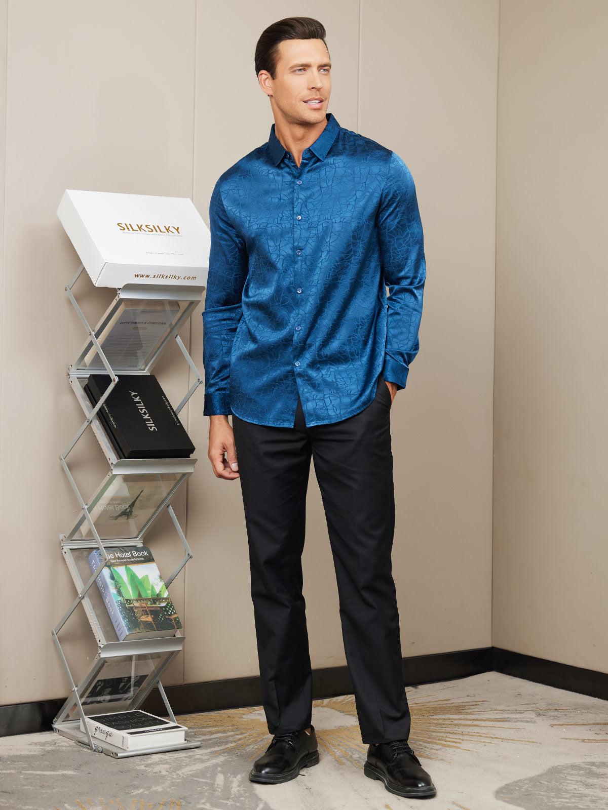 [Dark Blue] SilkSilky Silk Long Sleeve Collar Men's Shirt 007
