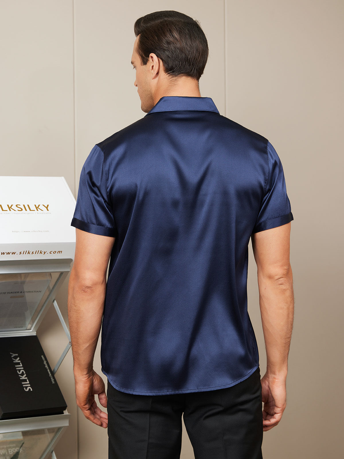 [Dark Blue] SilkSilky Silk Short Sleeve Collar Men's Shirt 002