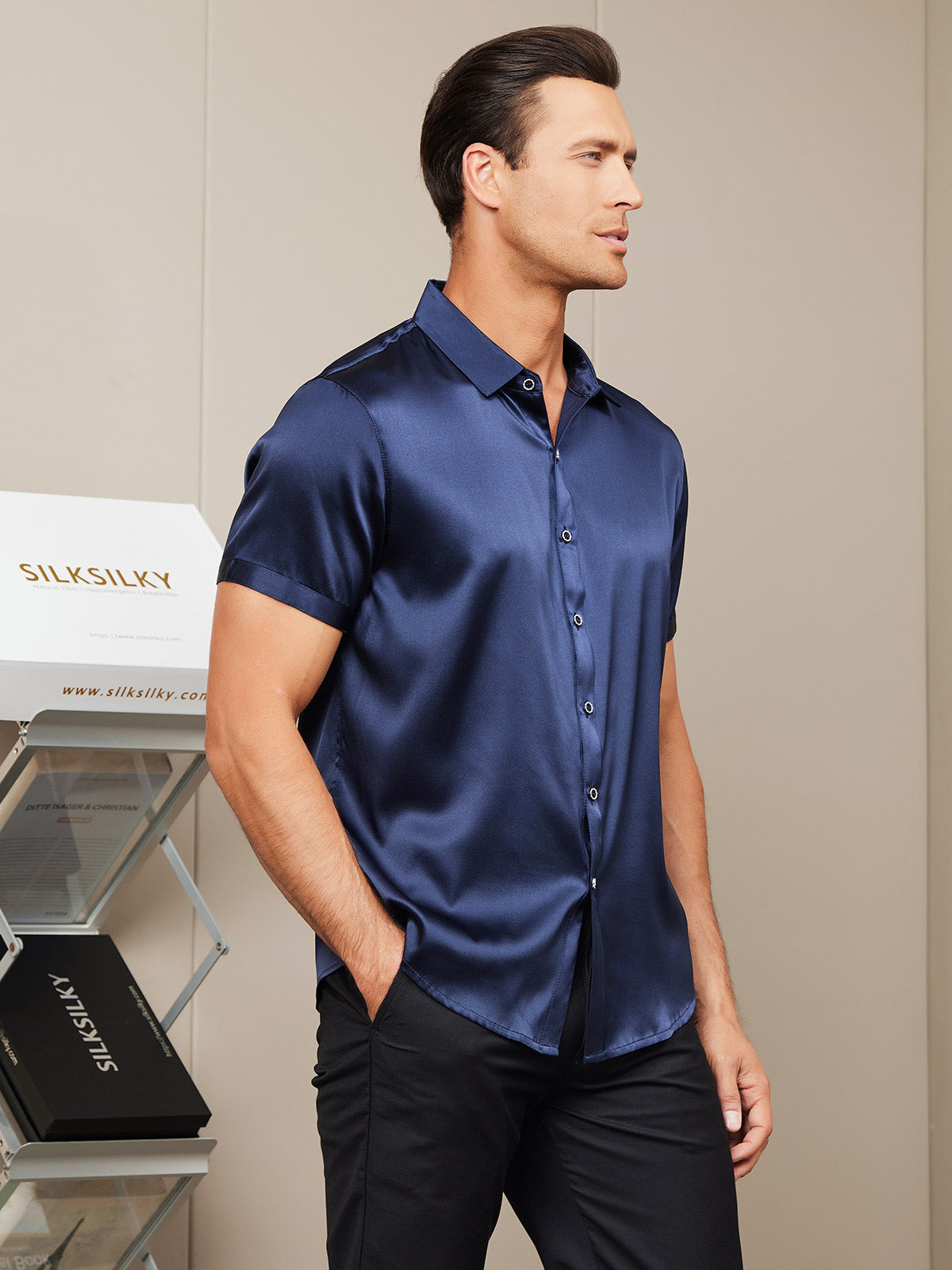 [Dark Blue] SilkSilky Silk Short Sleeve Collar Men's Shirt 003